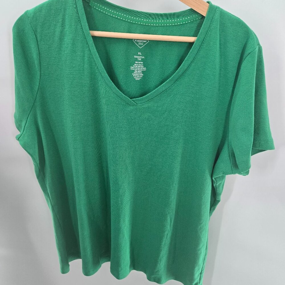 St. John's Bay Green Essential Tee 100% Cotton V-Neck Short Sleeved Top